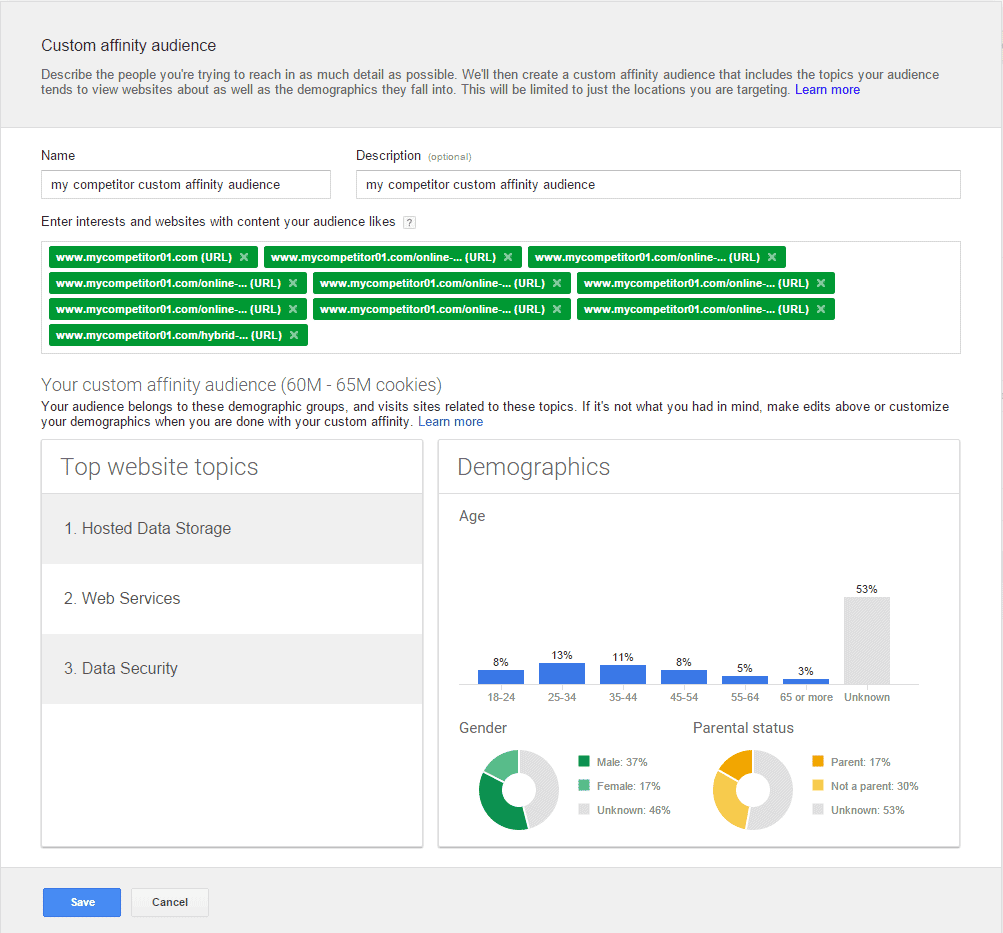 público de afinidade personalizado do concorrente do AdWords