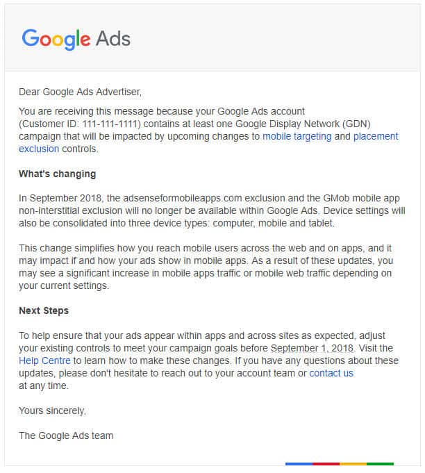 The email Google recently sent about the adsenseformobileapps.com exclusion