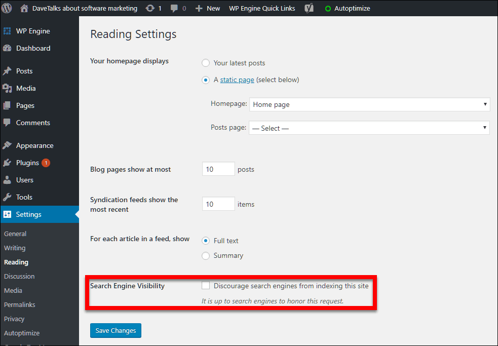 Wordpress Settings - Reading