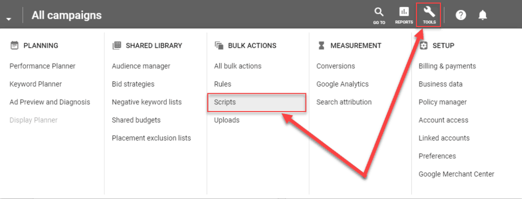 The location of Google Ads scripts in the Google Ads navigation.