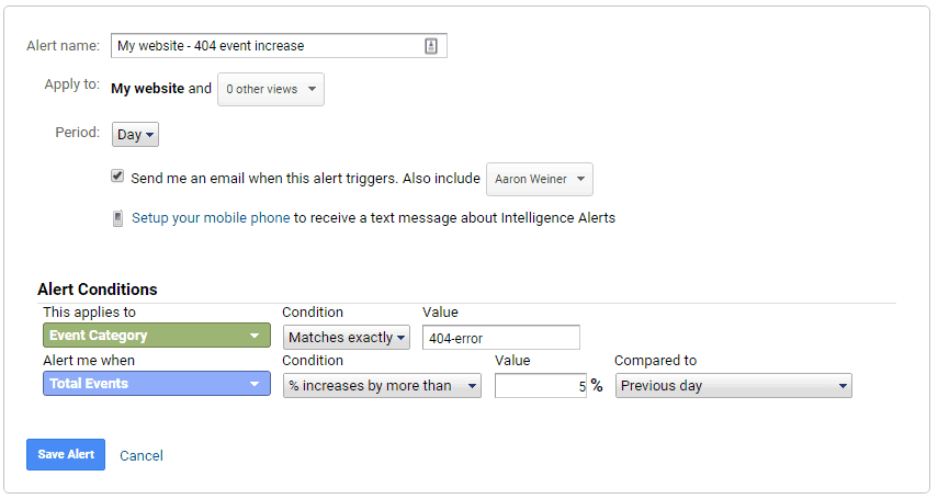 This is what the Google Analytics custom alerts looks like for tracking 404 errors