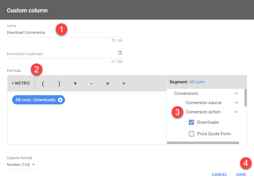 A screenshot for how to set up download conversions in a custom column