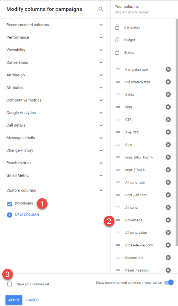Screenshot for how to add the new custom column to your current columns in Google Ads.
