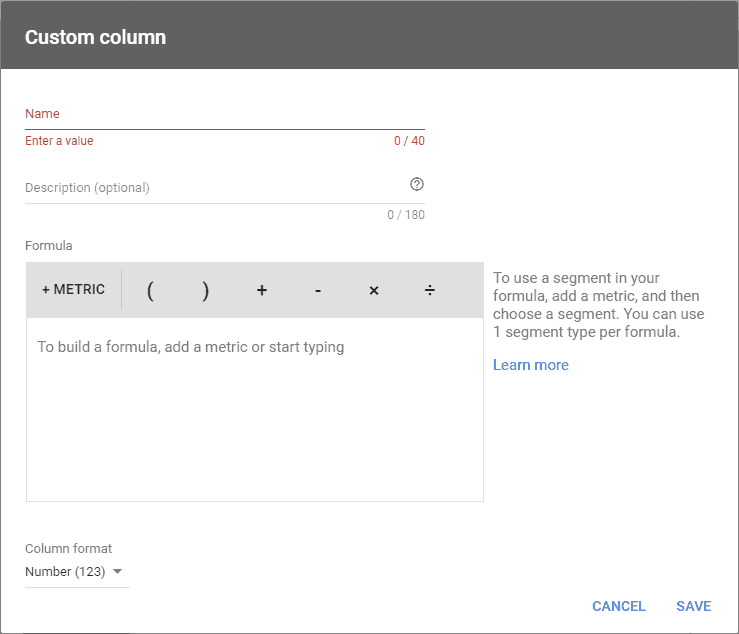 Screenshot of the custom columns settings in Google Ads