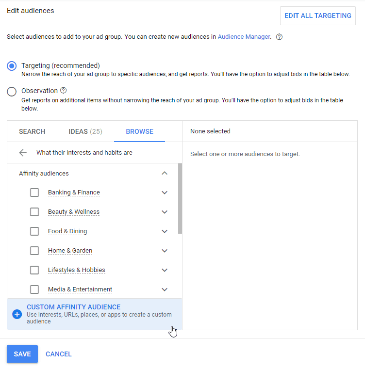How to set up custom affinity audience targeting within Google Ads