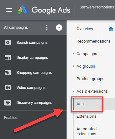 This is where you'll see all the ads within your Google Ads account.