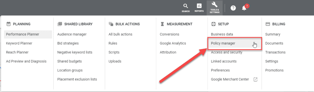 How to access the Google Ads policy manager