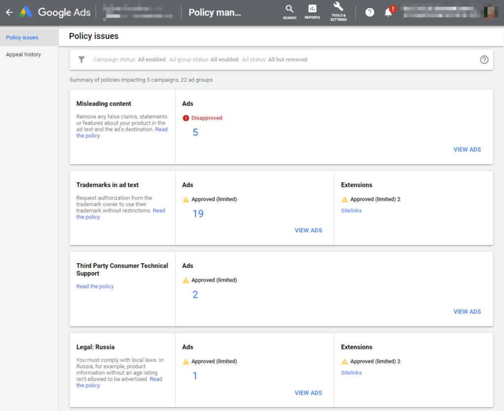 This is what the Google Ads policy manager looks like with disapproved and approved limited ads