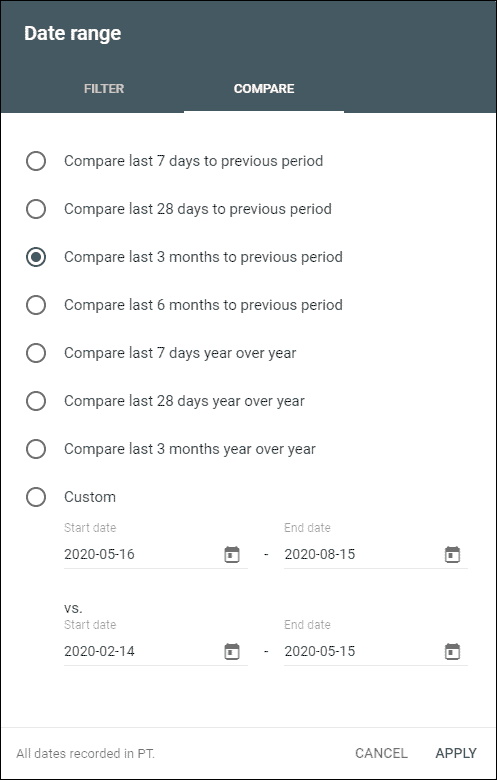 Comparing a date range from within the Google Search Console