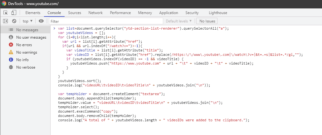 Here you can see the DevTools console window for this YouTube search. You can also see how I pasted the script into the console window.