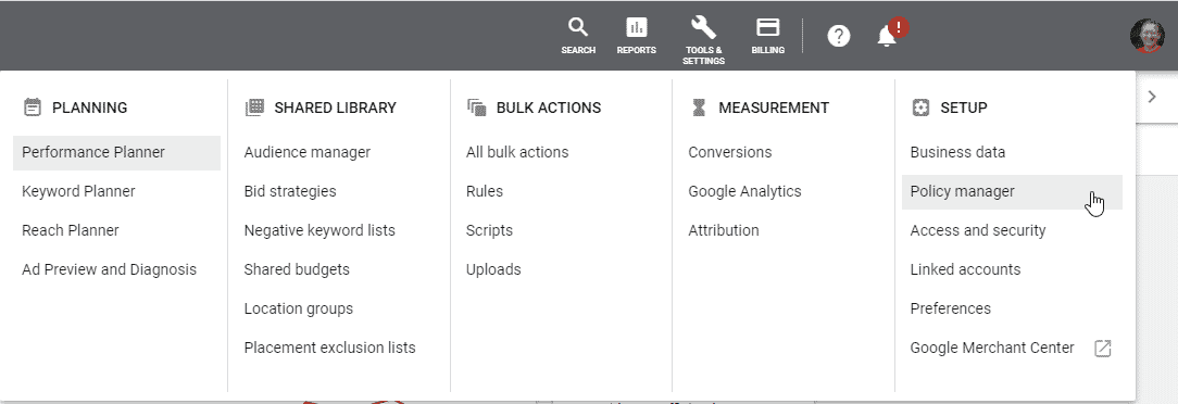 How to access the Google Ads policy manager