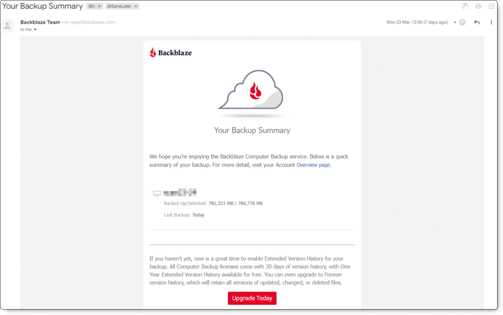 Backblaze backup software email notification
