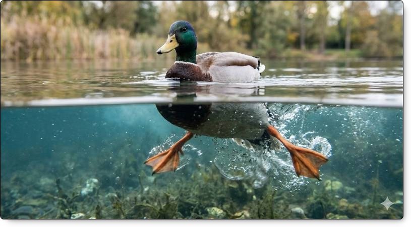 A serenely swimming duck. Underneath the water though...