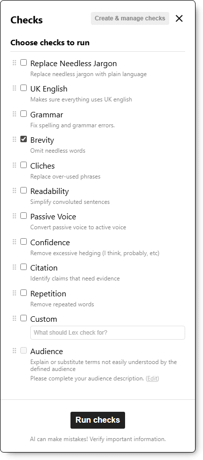 Lex Writer: an impressive collection of checks